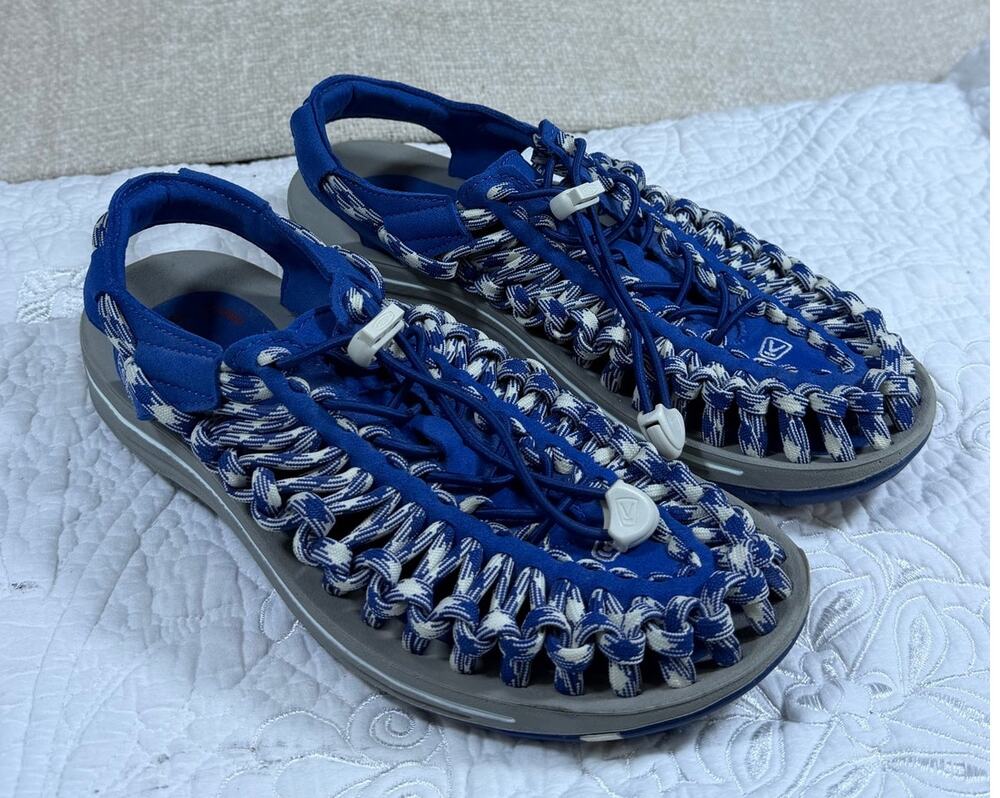 Keen Women's 8 White Blue Uneek Corded Bungee Cinch Comfort Hiking Sandals Shoes